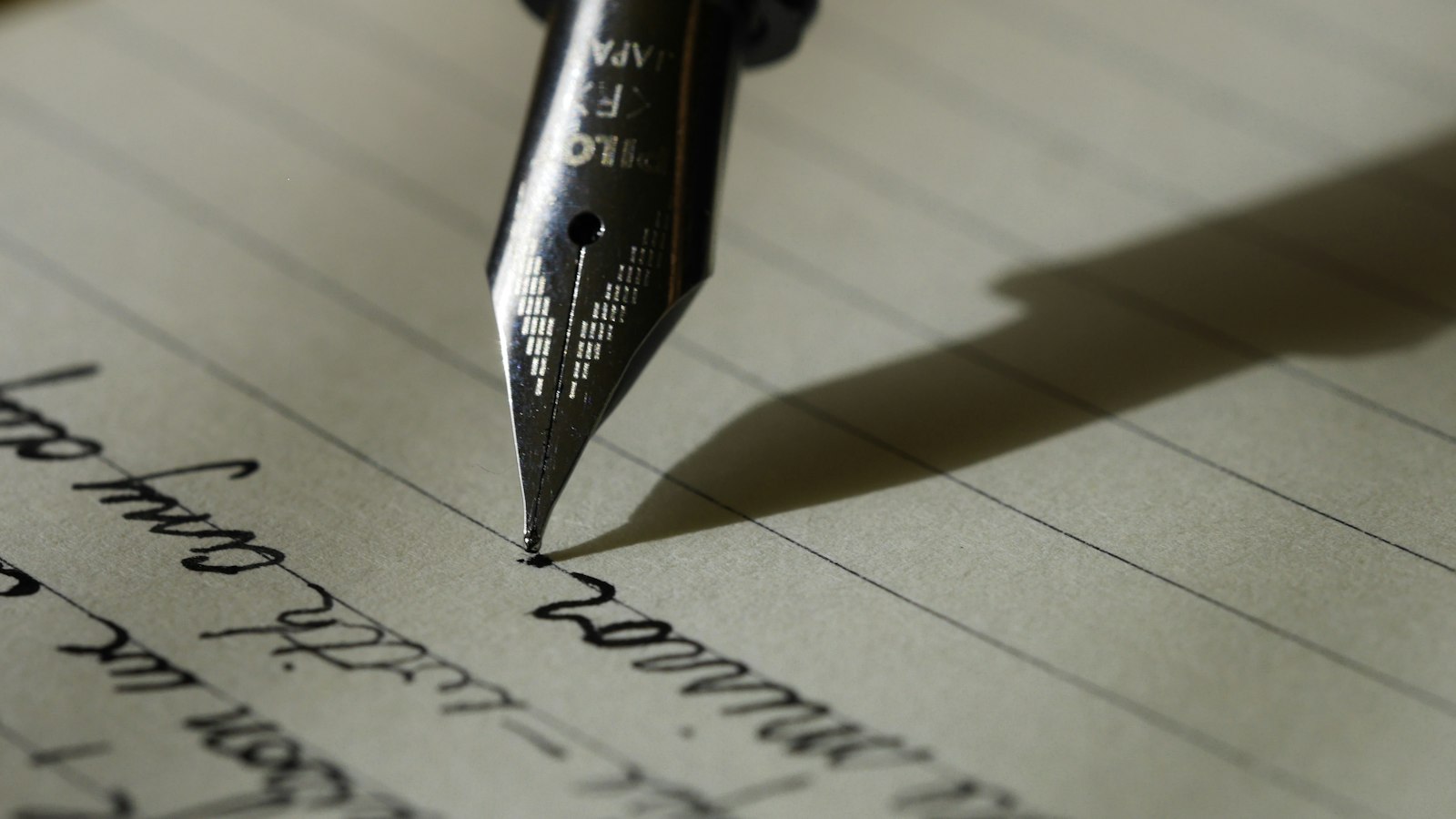 A person writing notes in a paper notebook with a pen